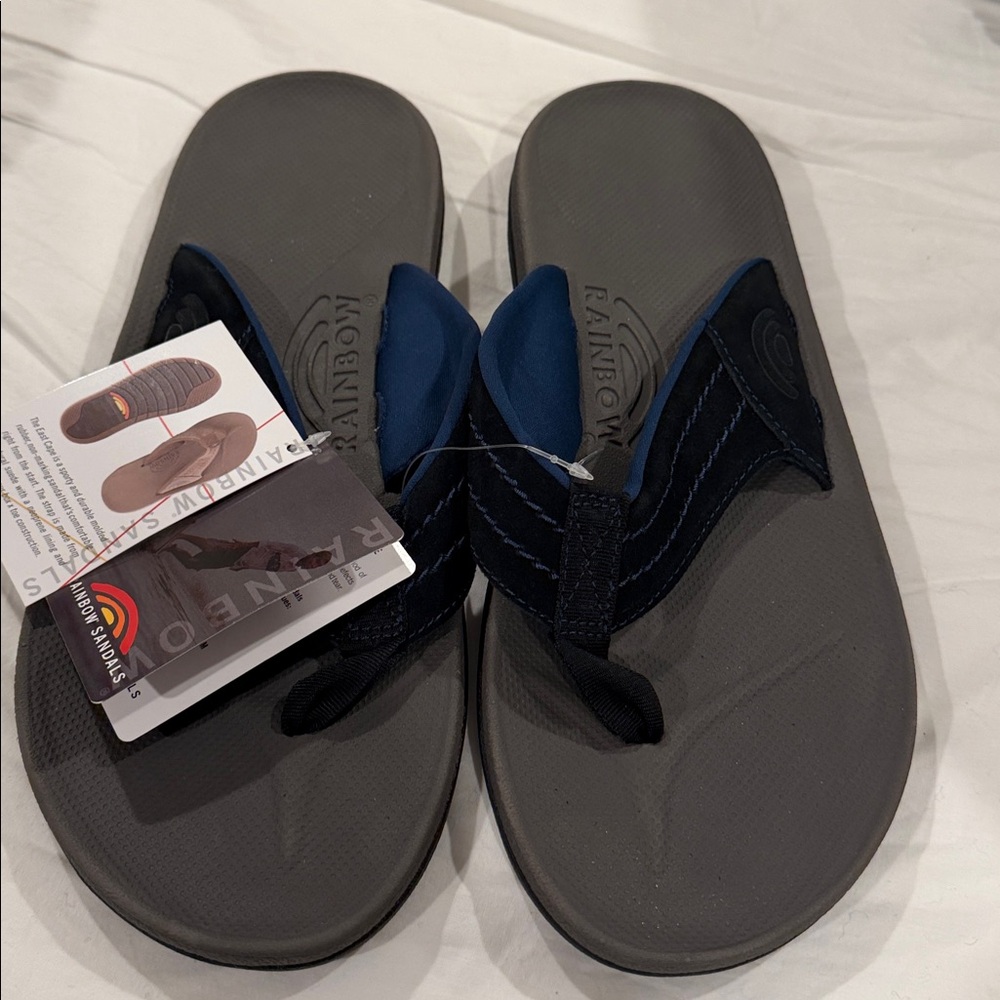 Rainbow Gray Footbed Flip Flops with Navy Straps - Picture 6 of 7